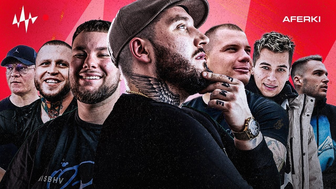 A group of five people with obscured faces against a vibrant red background with white angular designs, center person with a cap and a tattooed neck, in casual attire with t-shirts and jackets, with the word AFERKI in the upper right corner and illegible text on the left side.